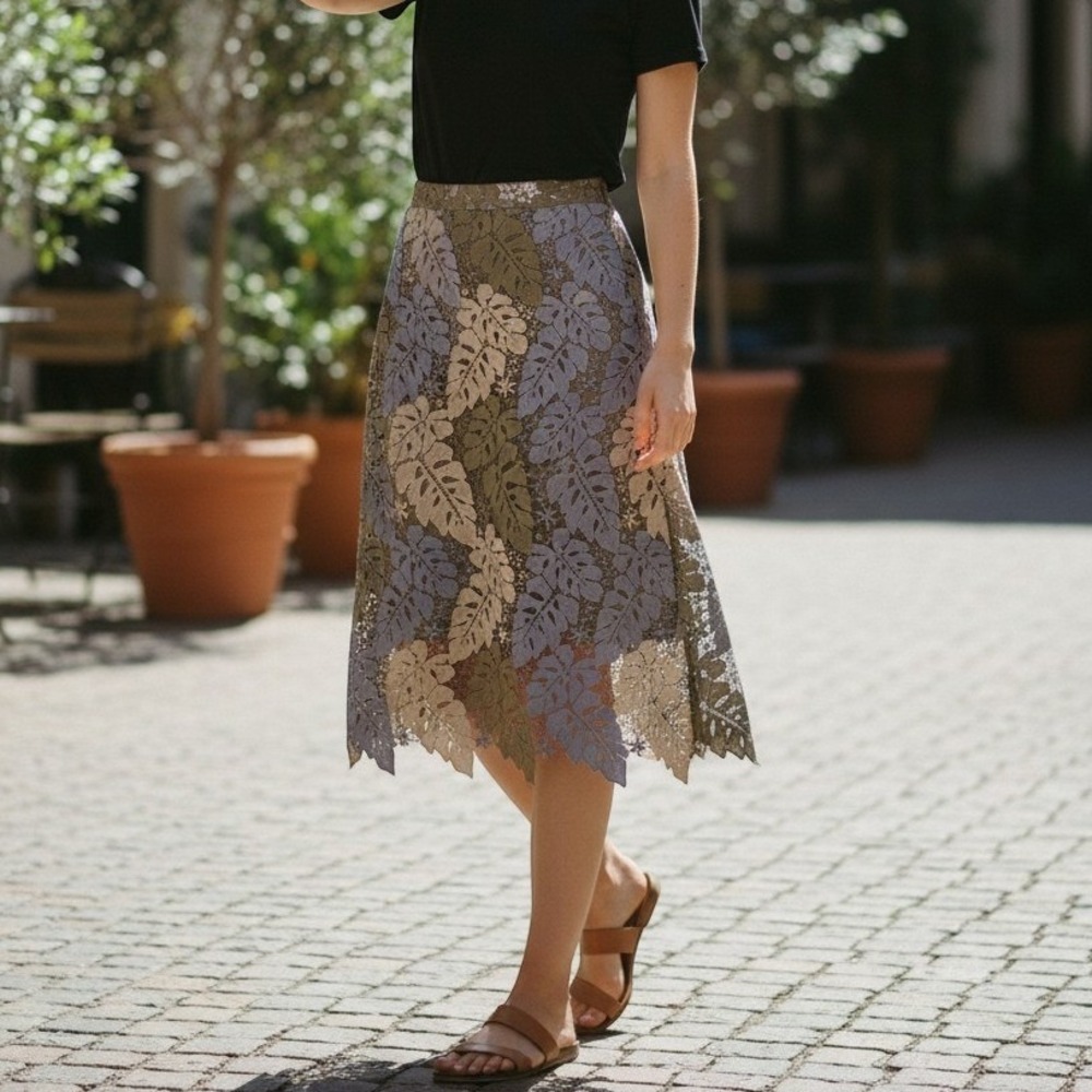 Chicwish Olive Tan Blue Leaf Crochet Lace Midi Skirt Scalloped Hem XL Boho